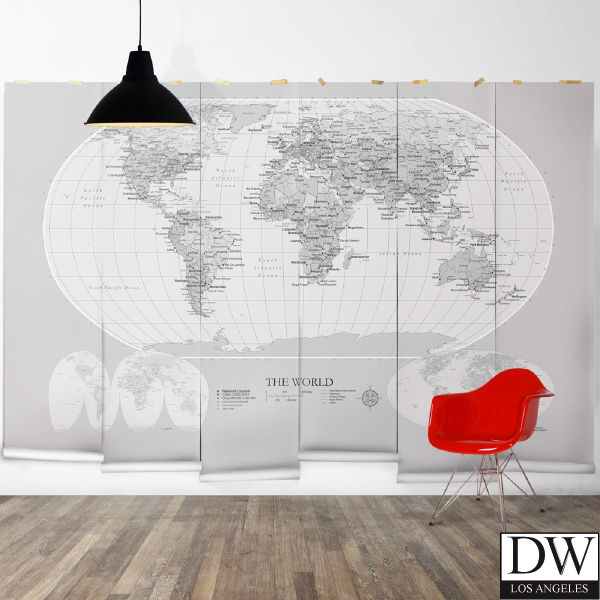 World Map - Grey Scale (colourway) Large Mural by Retro Walls