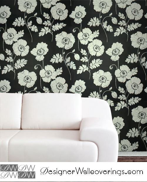 Vista Poppy Floral Flock Velvet Wallpaper