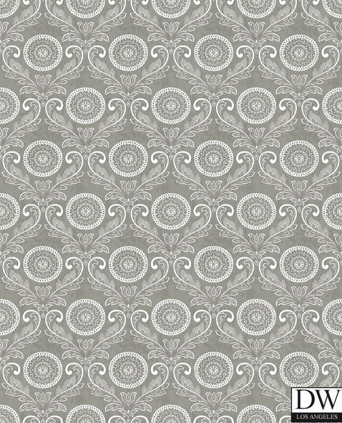 Jubilee Grey Medallion Damask Wallpaper