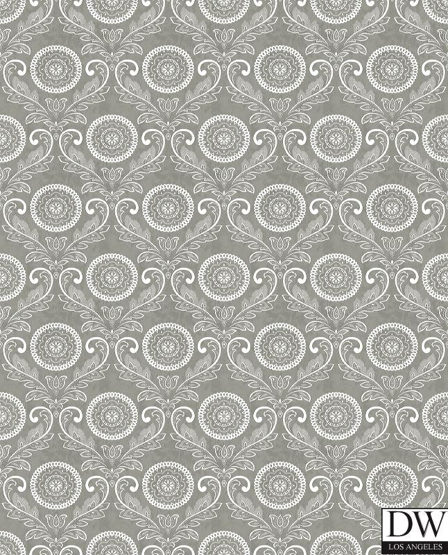 Jubilee Grey Medallion Damask Wallpaper