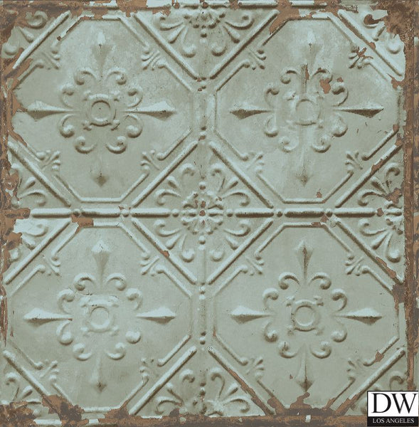 Tin Ceiling Teal Distressed Tiles Wallpaper