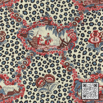  CHINESE LEOPARD TOILE COTTON BURGUNDY/RED BLUE  MULTIPURPOSE available exclusively at Designer Wallcoverings