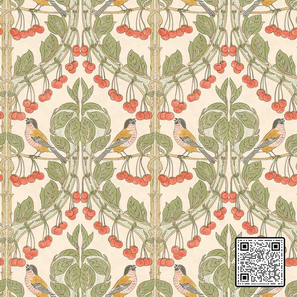  BIRDS & CHERRIES NON WOVEN RED GREEN WHITE WALLCOVERING available exclusively at Designer Wallcoverings
