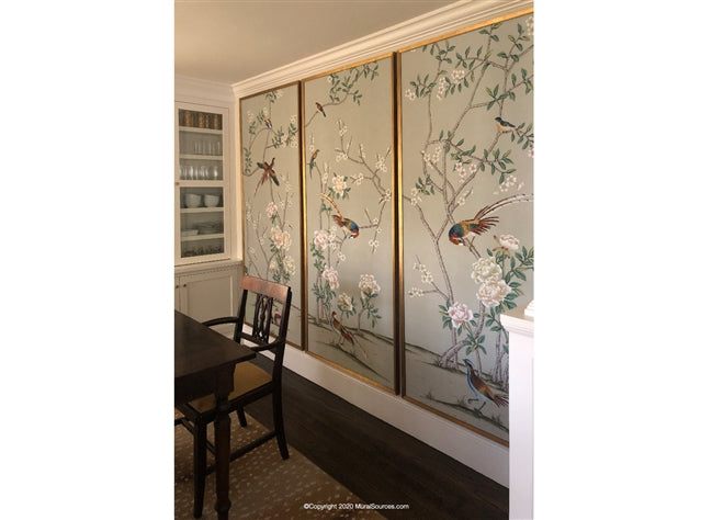 Bella Birds & Blossoms Green Grey by Et Cie Wall Panels - Designer Wallcoverings and Fabrics