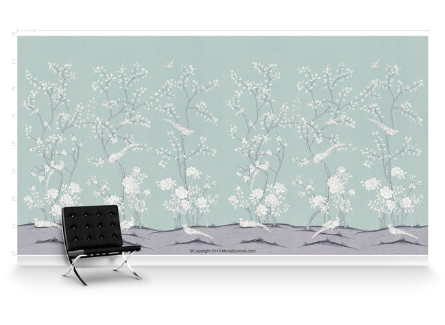 Bella Birds & Blossoms Minty Blue by Et Cie Wall Panels - Designer Wallcoverings and Fabrics