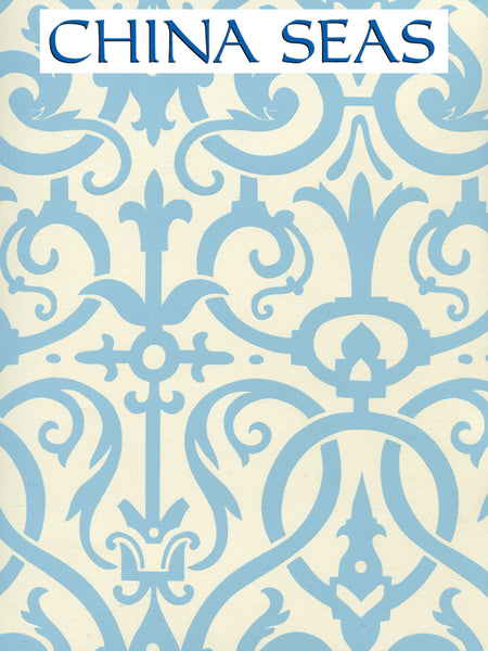 Charleston_II New_Blue_on_Off_White Screen Printed Wallpaper | China Seas