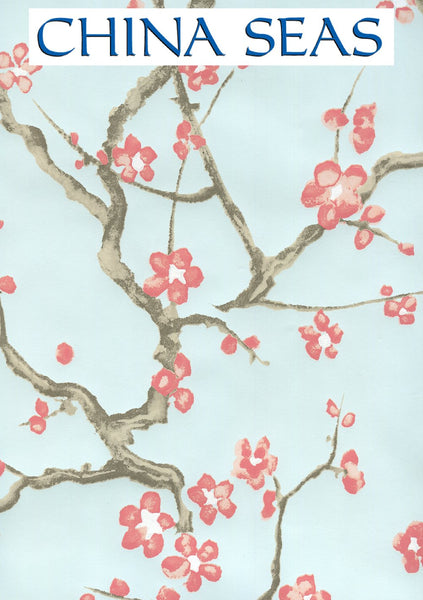 Cherry Branch Pale Blue Pink Taupe Brown Screen Printed Wallpaper | China Seas