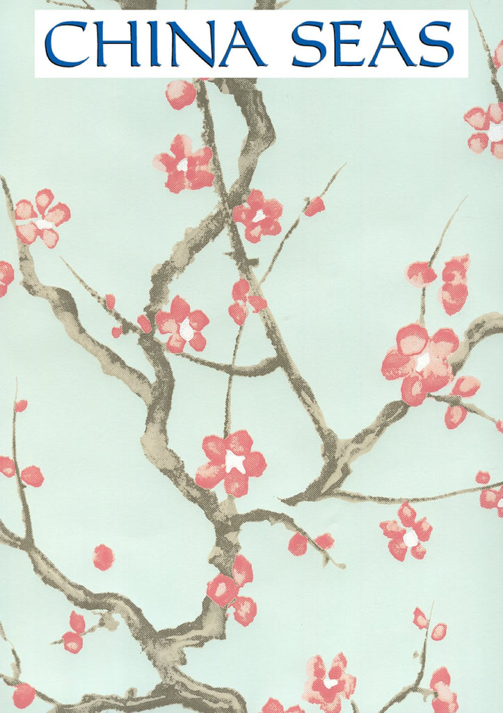 Cherry Branch Pale Celadon Pink Taupe Brown Screen Printed Wallpaper | China Seas