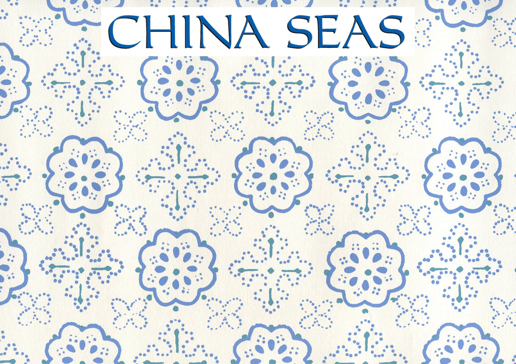 Crawford Multi Blues on Almost White Screen Printed Wallpaper | China Seas