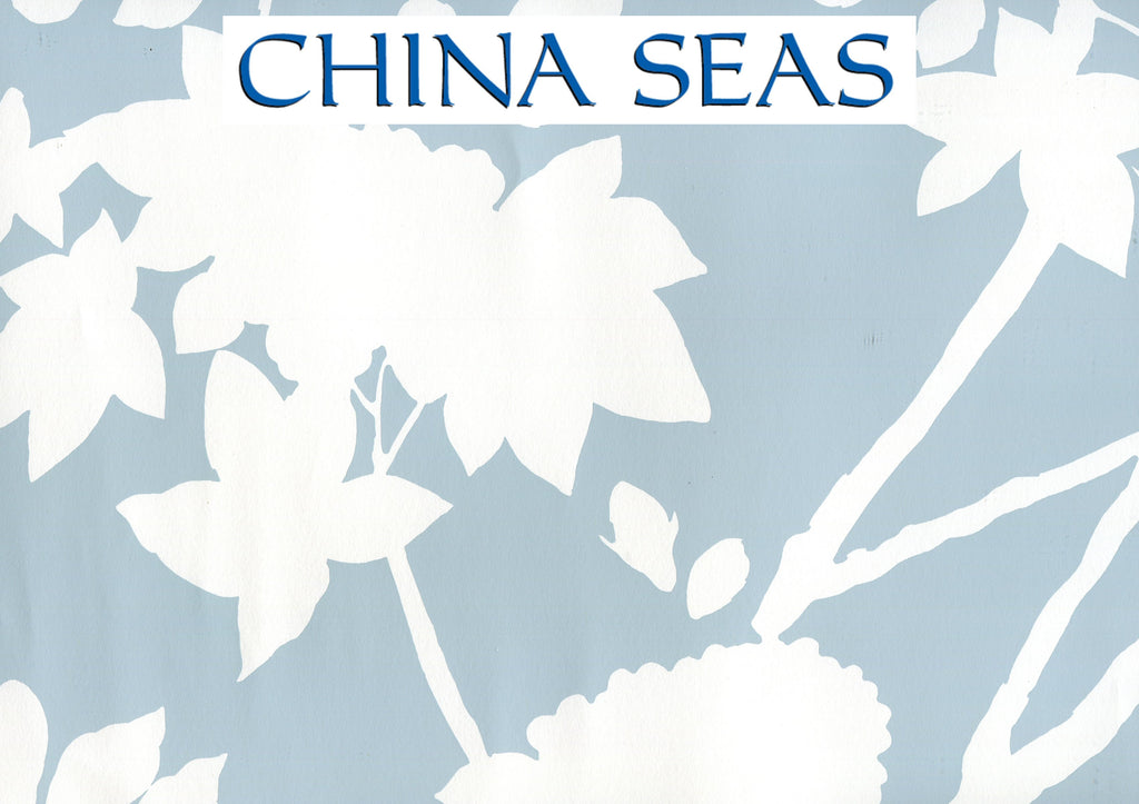 Happy Garden Background Windsor Blue on White Screen Printed Wallpaper | China Seas