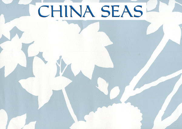 Happy Garden Background Windsor Blue on White Screen Printed Wallpaper | China Seas