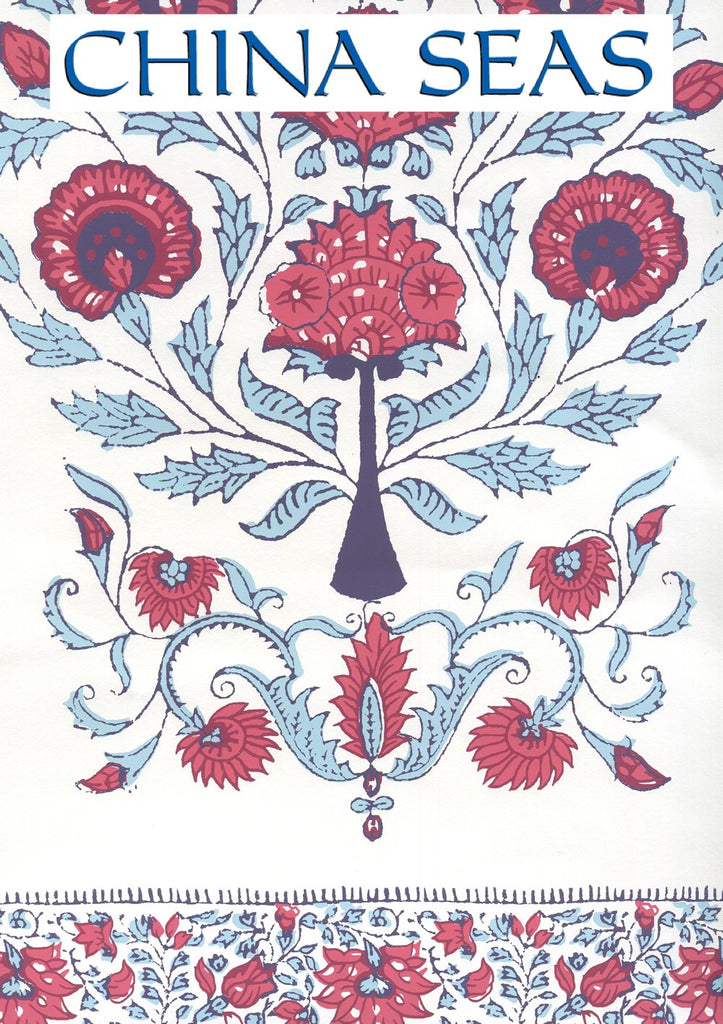 Kalamkari Border Red Burgundy Purple on White Screen Printed Wallpaper | China Seas