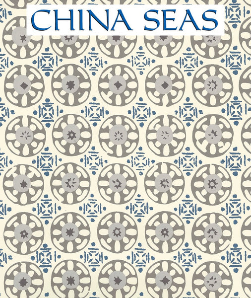 Kediri Batik Navy Charcoal Gray on Off White Screen Printed Wallpaper | China Seas