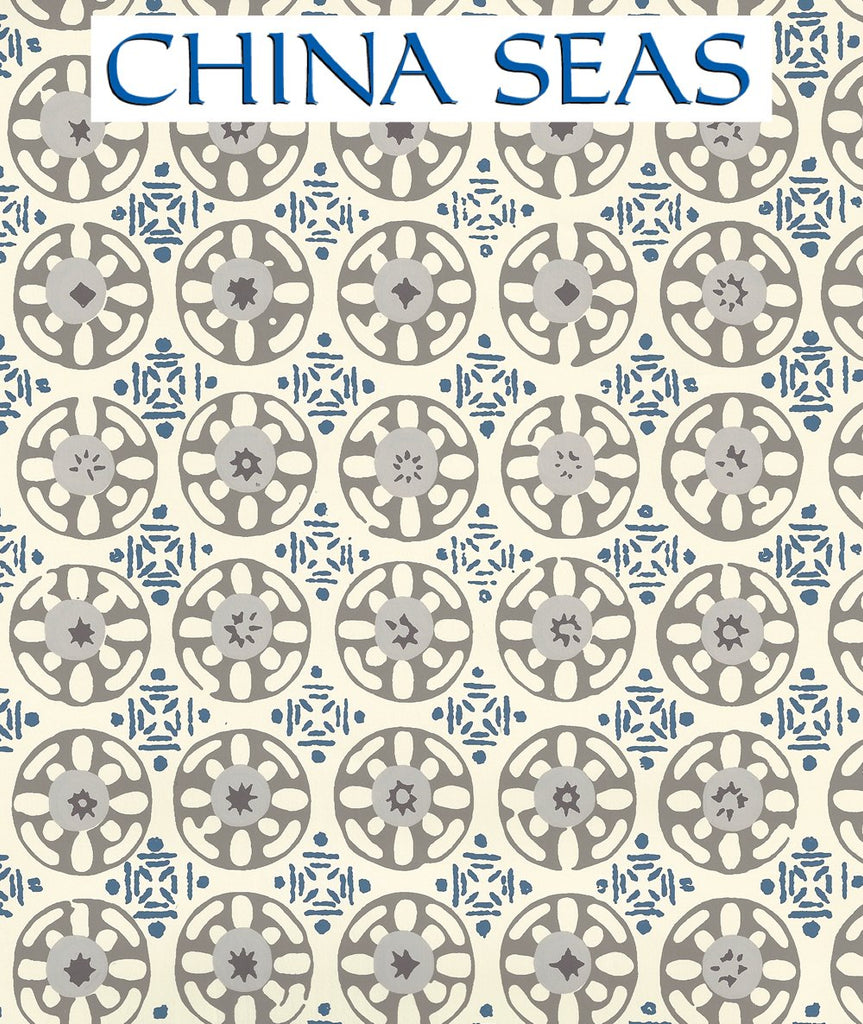 Kediri Batik Navy Charcoal Gray on Off White Screen Printed Wallpaper | China Seas