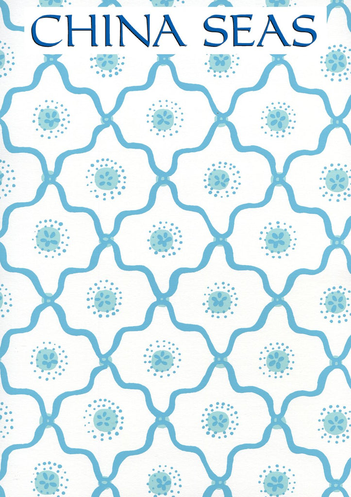 Longfellow Turquoise on White Screen Printed Wallpaper | China Seas
