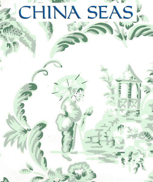 Madame Butterfly Greens on Almost White Screen Printed Wallpaper | China Seas