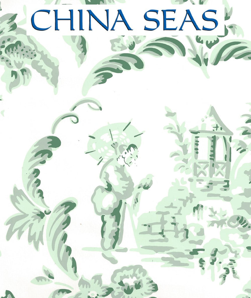 Madame Butterfly Greens on Almost White Screen Printed Wallpaper | China Seas
