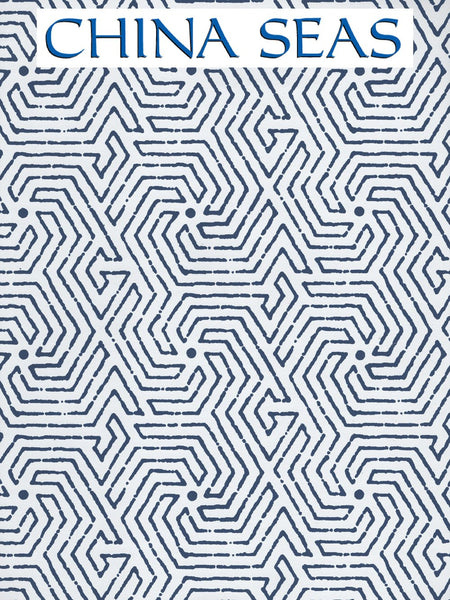 Maze Navy on White Patent Vinyl Screen Printed Wallpaper | China Seas