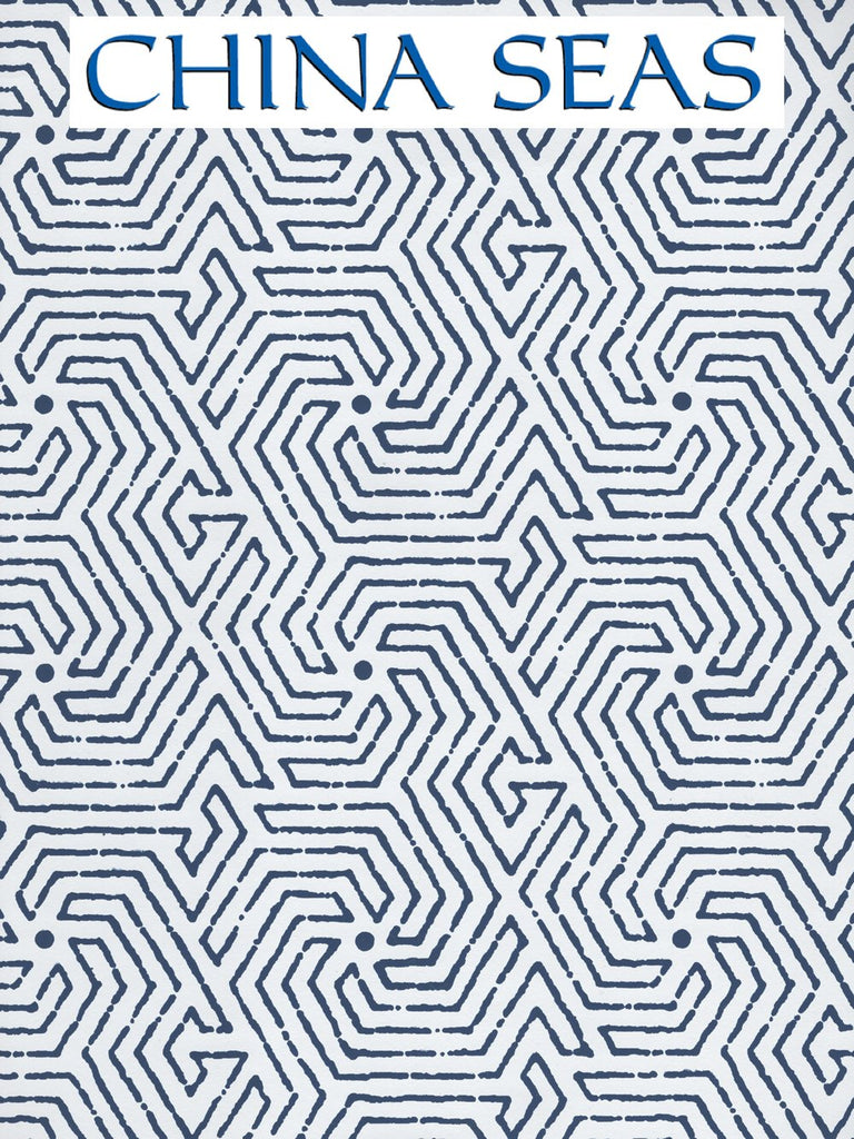 Maze Navy on White Patent Vinyl Screen Printed Wallpaper | China Seas