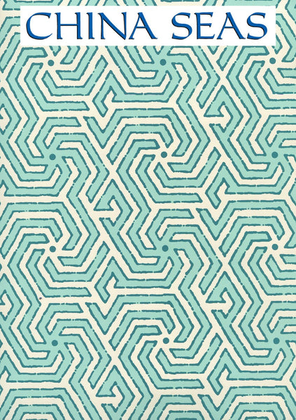 Maze Reverse Two Color Turquoise Dark Turquoise Screen Printed Wallpaper | China Seas