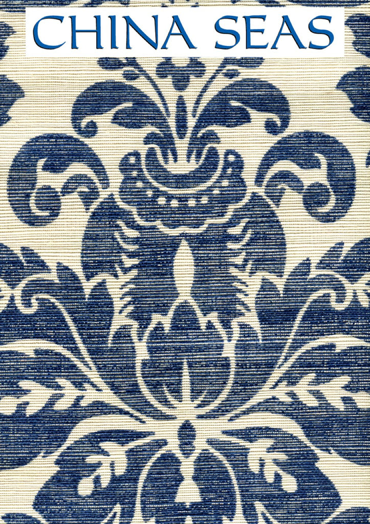 Monty on Cream Grasscloth Navy on Cream Grasscloth  Screen Printed Wallpaper | China Seas