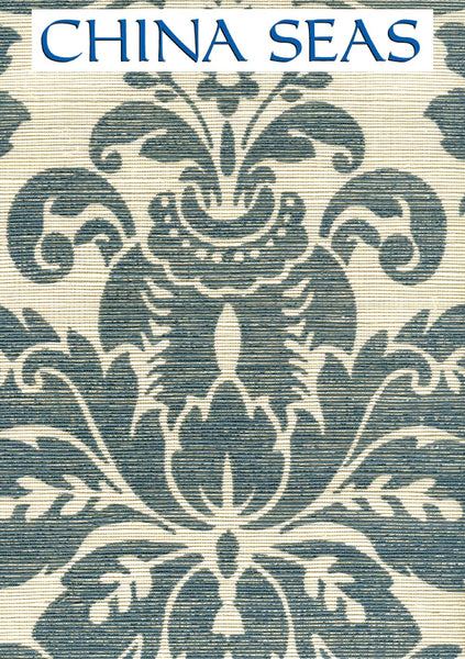 Monty on Cream Grasscloth Slate Blue on Cream Grasscloth  Screen Printed Wallpaper | China Seas