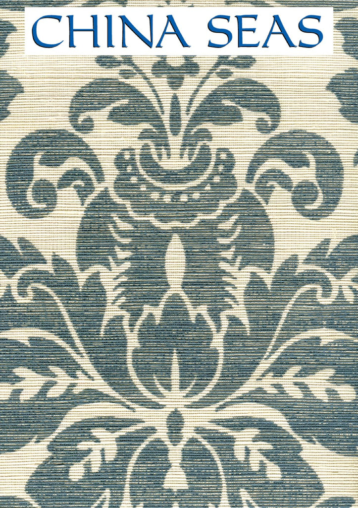 Monty on Cream Grasscloth Slate Blue on Cream Grasscloth  Screen Printed Wallpaper | China Seas