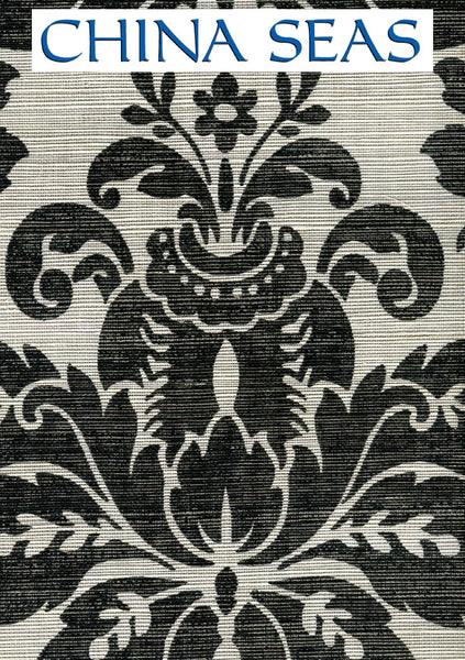 Monty on Silver Grasscloth Black on Silver Grasscloth Screen Printed Wallpaper | China Seas