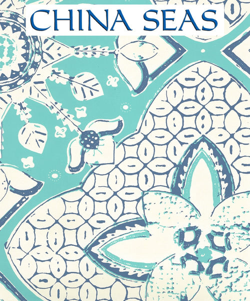 New Batik Turquoise New Navy on Off White Screen Printed Wallpaper | China Seas