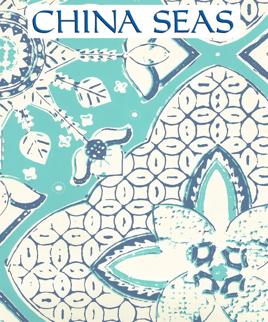 New Batik Turquoise New Navy on Off White Screen Printed Wallpaper | China Seas