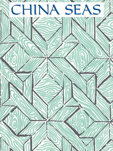 Parquetry Teal Charcoal on White Screen Printed Wallpaper | China Seas