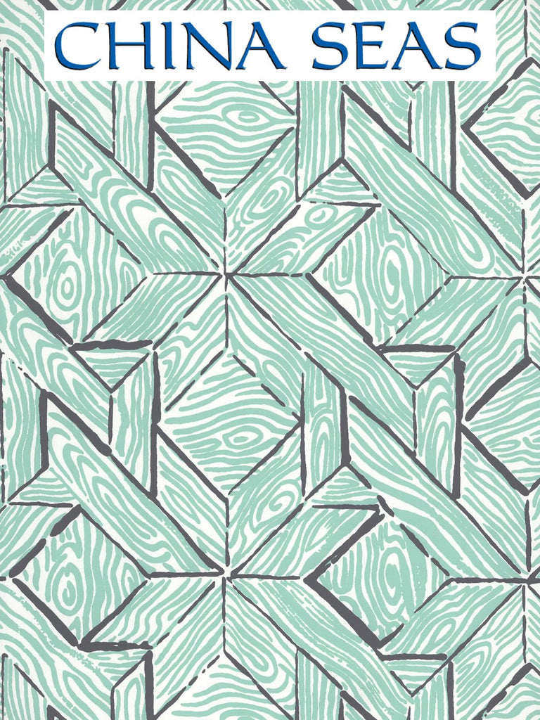 Parquetry Teal Charcoal on White Screen Printed Wallpaper | China Seas