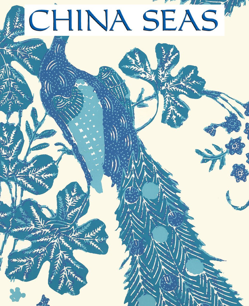 Peacock Batik Multi Blues on Off White Screen Printed Wallpaper | China Seas