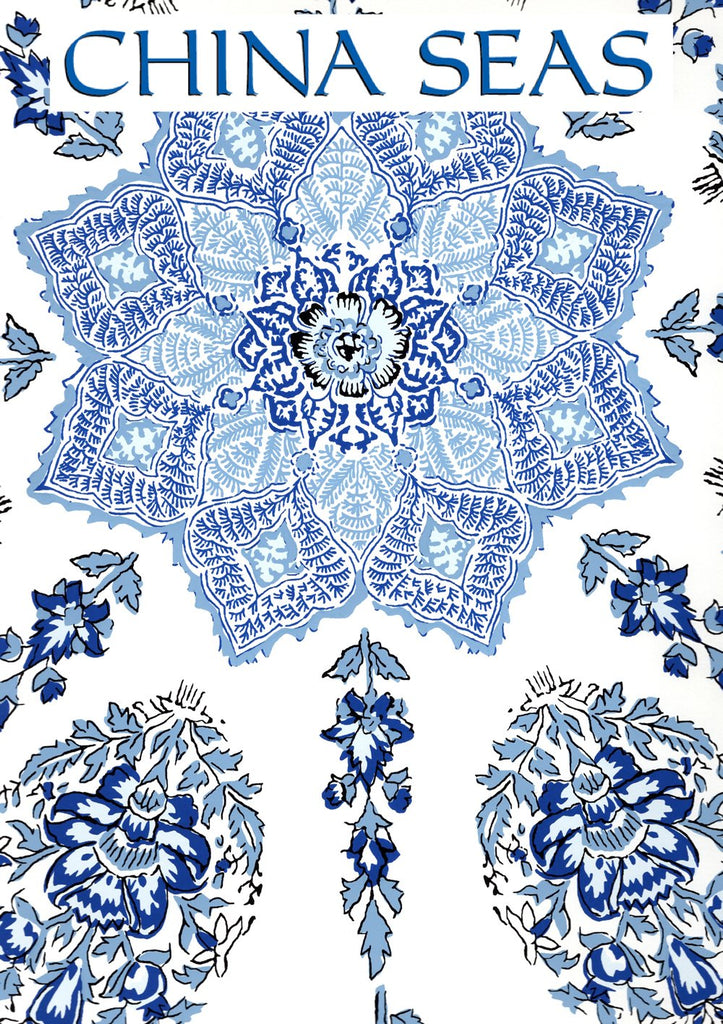 Persepolis Navy French Blue on White Screen Printed Wallpaper | China Seas