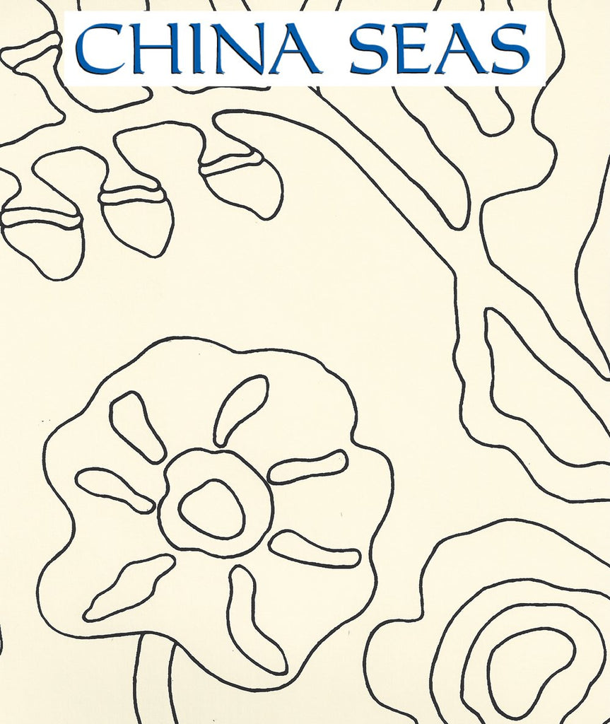 Potalla Outline Black on Off White Screen Printed Wallpaper | China Seas