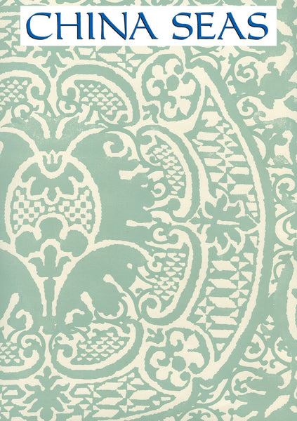 Veneto Teal on Off White Screen Printed Wallpaper | China Seas
