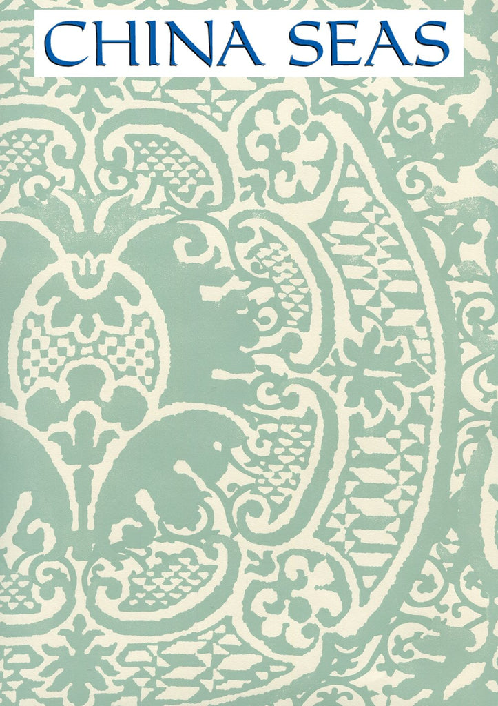 Veneto Teal on Off White Screen Printed Wallpaper | China Seas