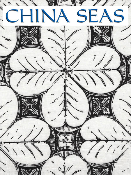 China Flower One Color Black on White Linen Sample Fabric 