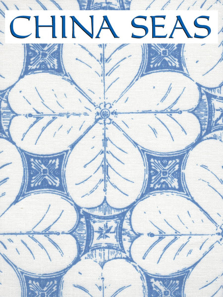 China Flower One Color French Blue on White Linen Sample Fabric 