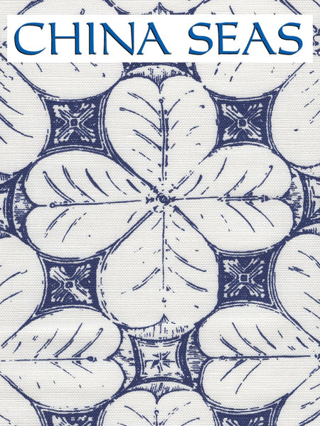China Flower One Color New Navy on White Linen Cotton Sample Fabric 