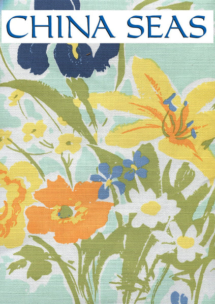 Flowers II Aqua Orange Yellow Green Sample Fabric 