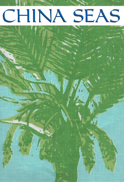 Palm Grove Multi Color on Linen Multi Greens on Sky Blue Sample Fabric 