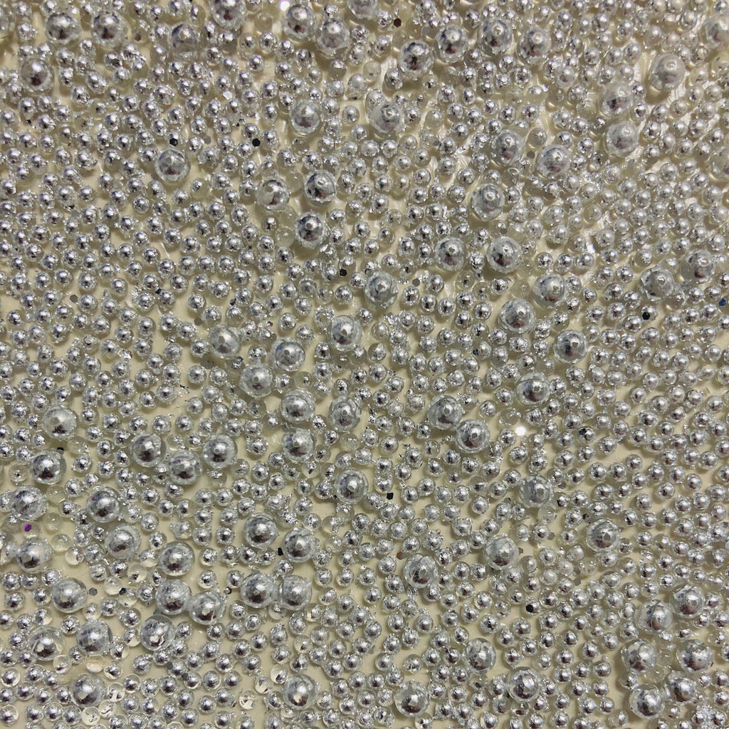 Gleaming Glambeads Silver and Cream Metallic Glass Bead Wallpaper - Designer Wallcoverings and Fabrics