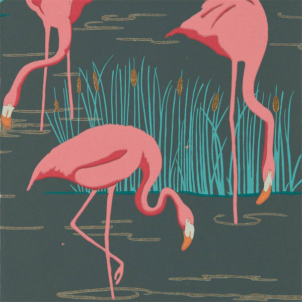 Salinas - Ebony/Coral/Lagoon Wallcovering | Harlequin