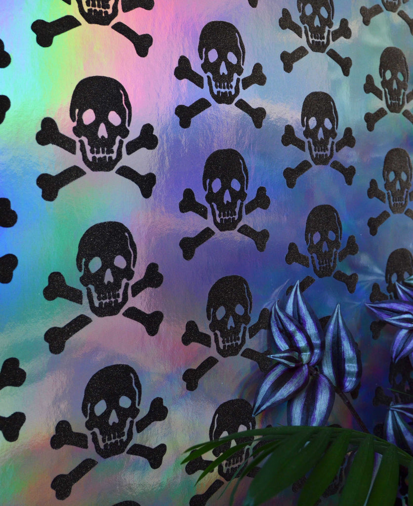 Skully - Skull Black Velvet Flock on Crystal Reflective Pearlescent - Designer Wallcoverings and Fabrics