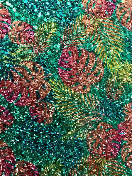 Hawaiian Leaf Glitter Wallpaper - Glam Multi On Teal | Glitter Walls