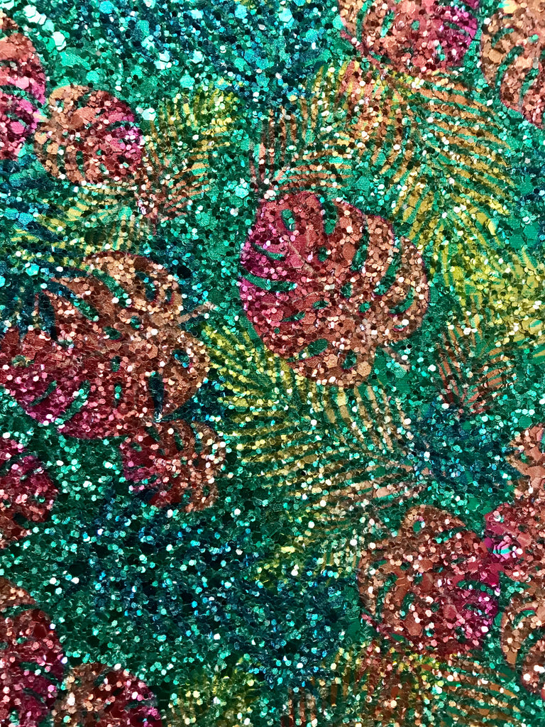 Hawaiian Leaf Glitter Wallpaper - Glam Multi On Teal | Glitter Walls