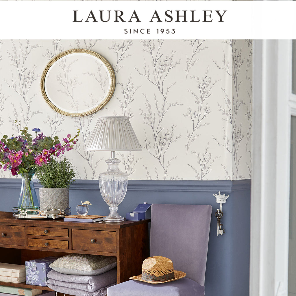 Laura Ashley Pussy Willow Off White and Steel Wallpaper Available Exclusively at Designer Wallcoverings