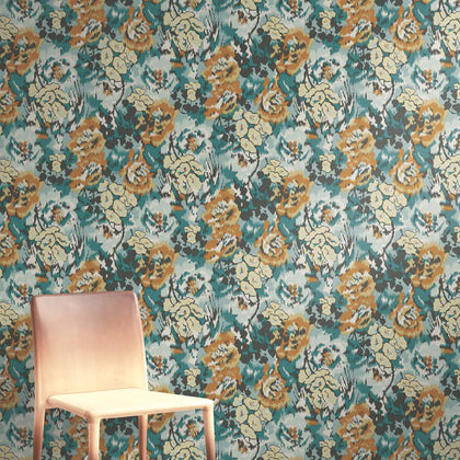 Flower Pot Wallcovering - Teal/Orange/Multi