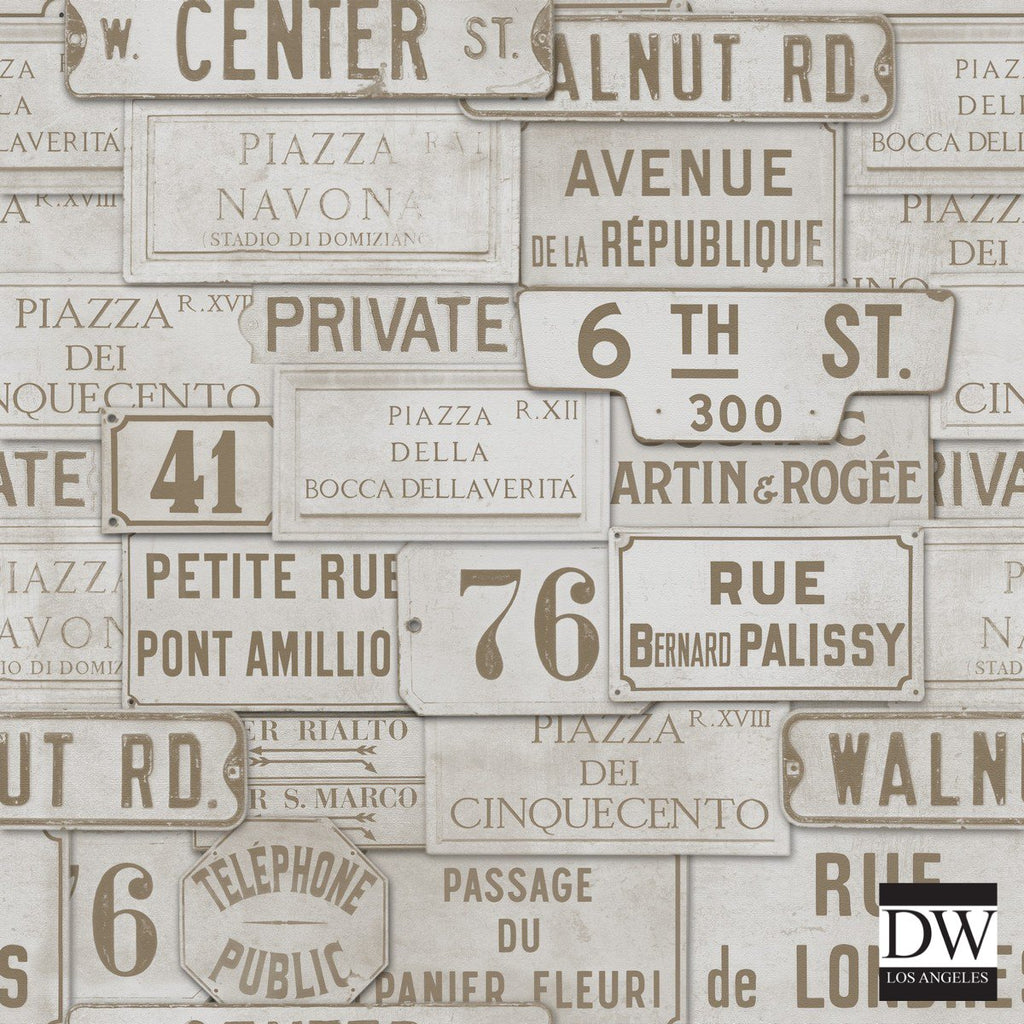 Vintage Signs Taupe - Designer Wallcoverings and Fabrics